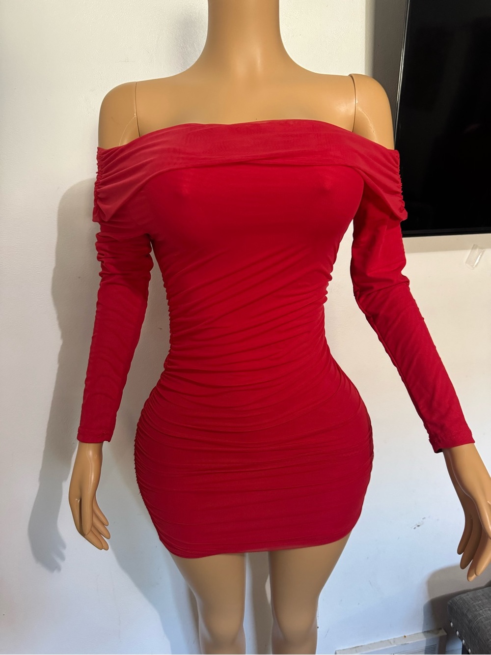 No Boundaries Off-the-Shoulder Red Ruched Bodycon Dress